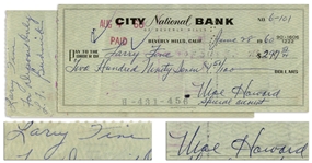 Moe Howard Check Signed to Larry Fine -- Endorsed by Larry on Verso -- Dated 28 June 1960 -- Very Good Condition